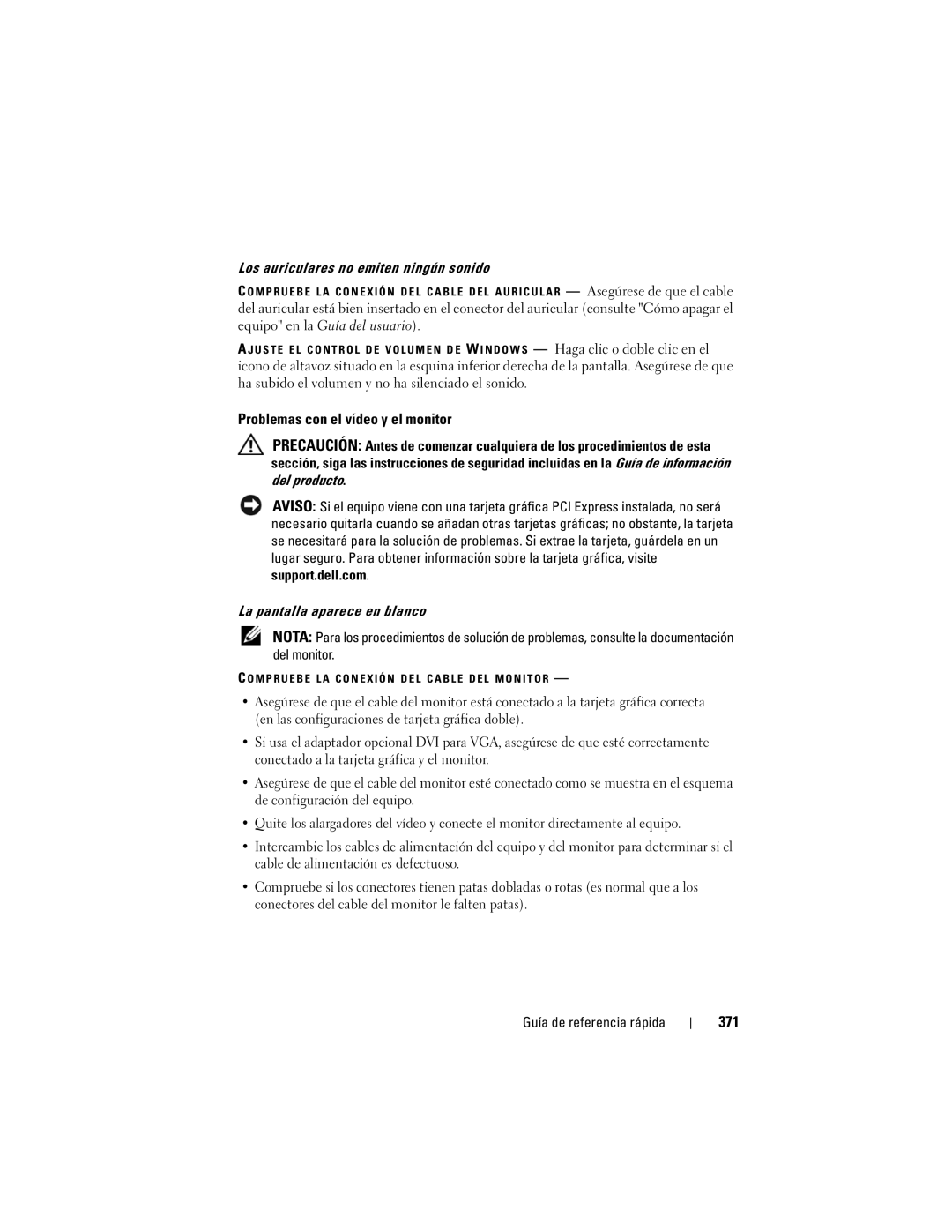 Dell T7400 manual Problemas con el vídeo y el monitor, 371, Los auriculares no emiten ningún sonido 