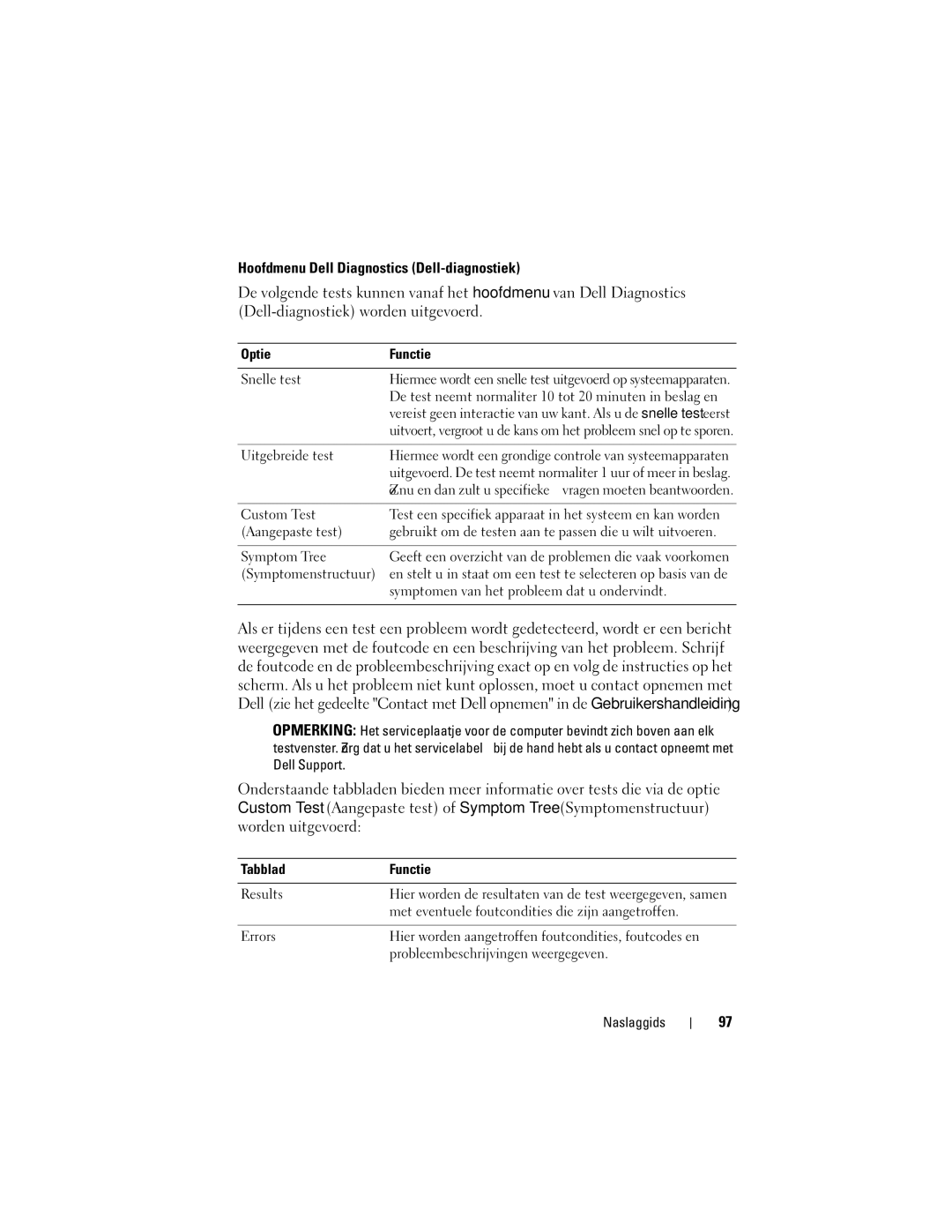 Dell T7400 manual Hoofdmenu Dell Diagnostics Dell-diagnostiek, Optie Functie, Snelle test, Tabblad Functie 