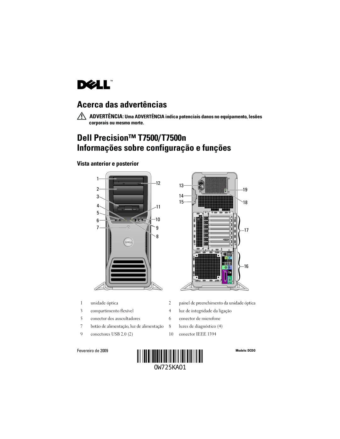 Dell T7500n manual Acerca das advertências, Vista anterior e posterior 