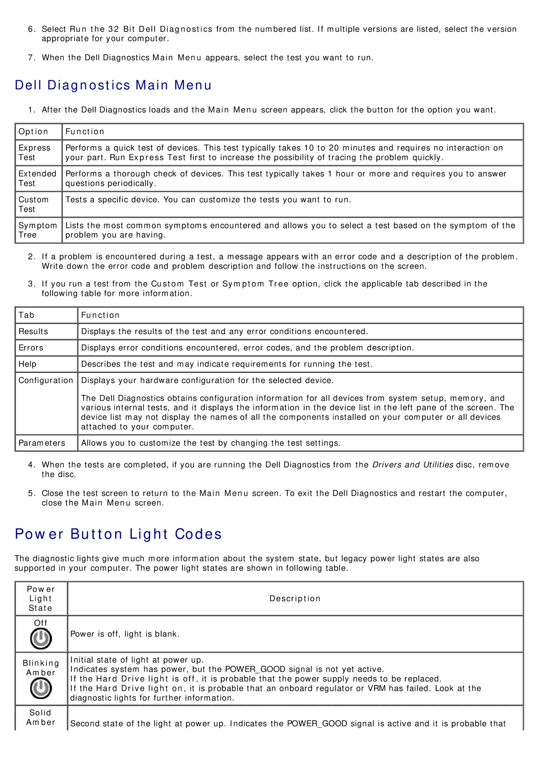 Dell T7500 service manual Power Button Light Codes, Option Function, Tab Function 