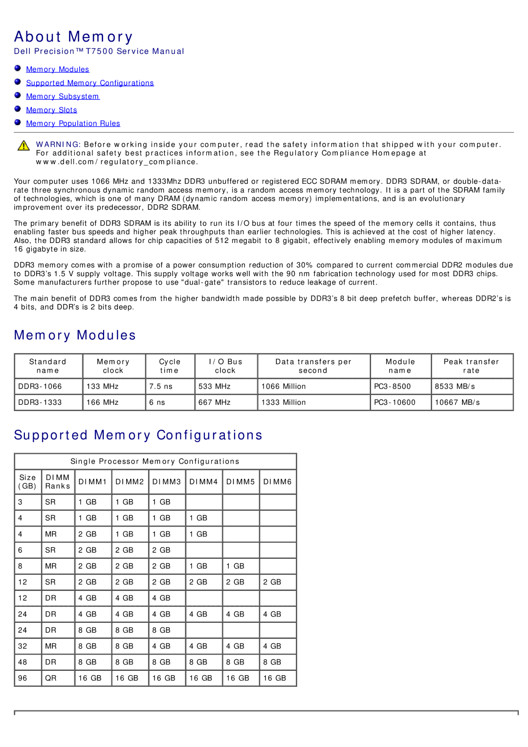 Dell T7500 service manual About Memory 