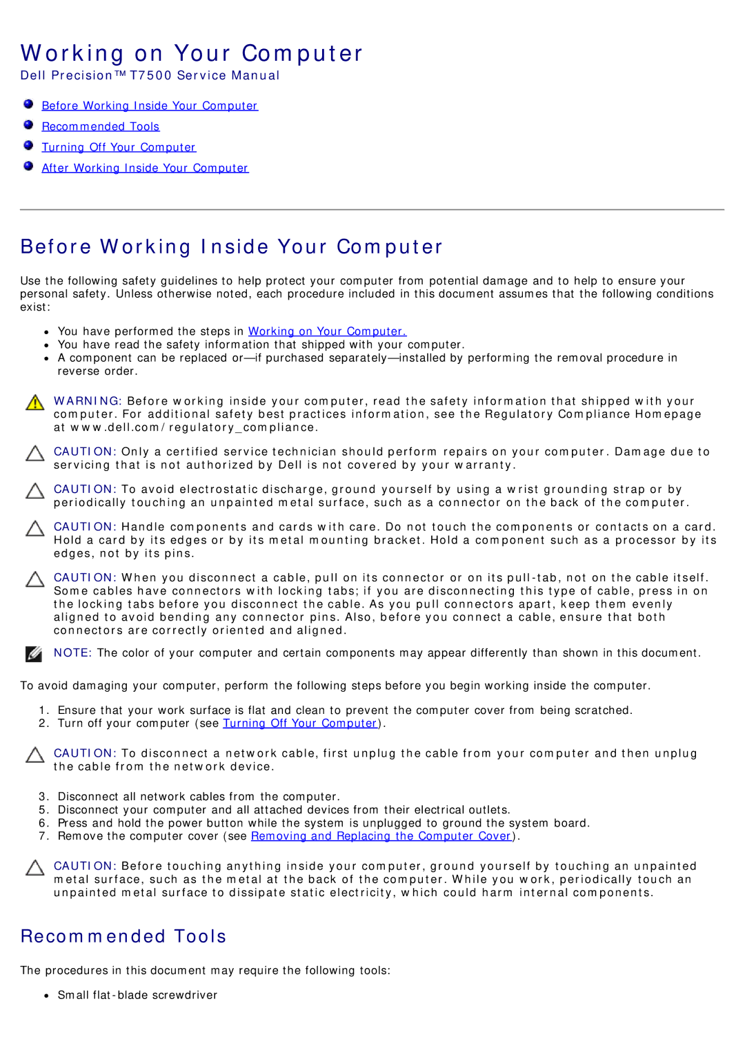 Dell T7500 service manual Working on Your Computer, Before Working Inside Your Computer 