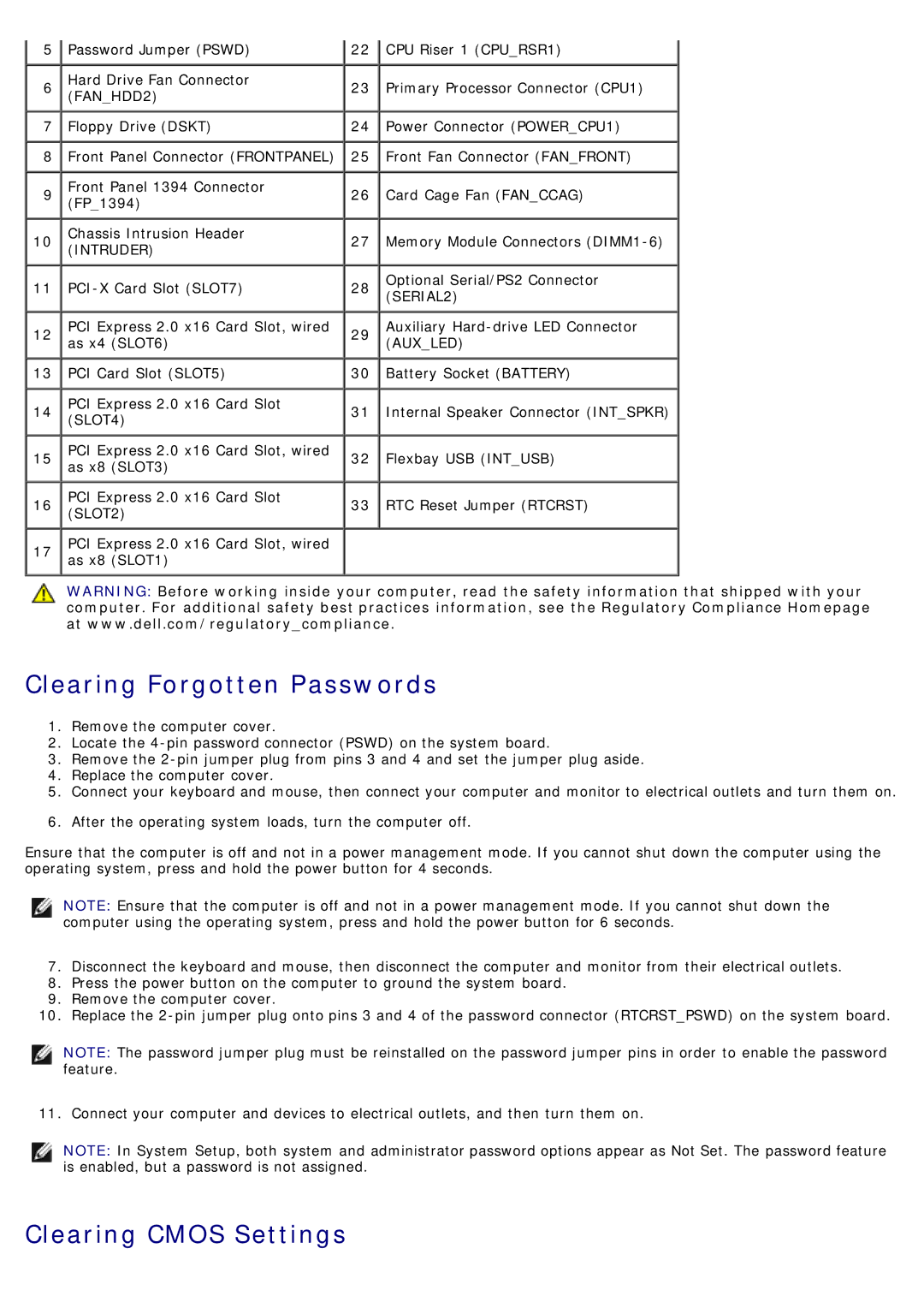 Dell T7500 service manual Clearing Forgotten Passwords, Clearing Cmos Settings 