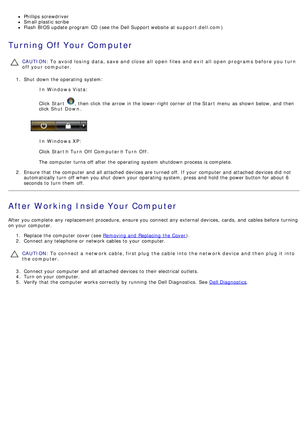 Dell T7500 service manual Turning Off Your Computer, After Working Inside Your Computer, Windows Vista 