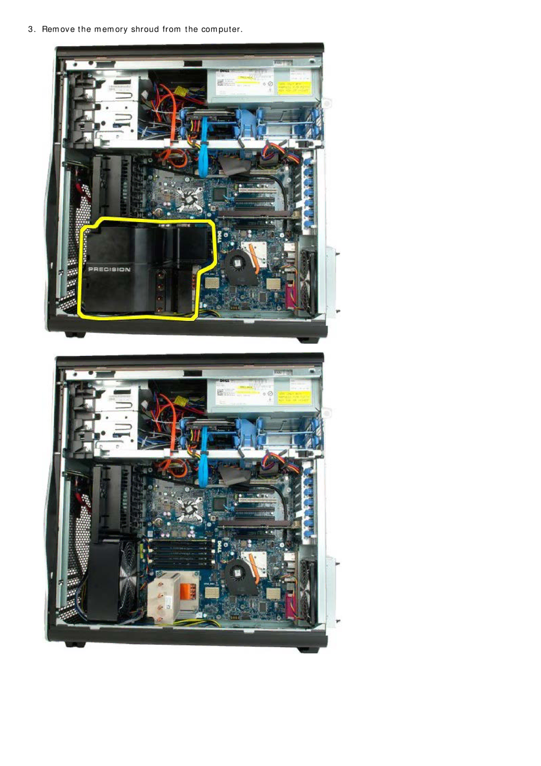 Dell T7500 service manual Remove the memory shroud from the computer 