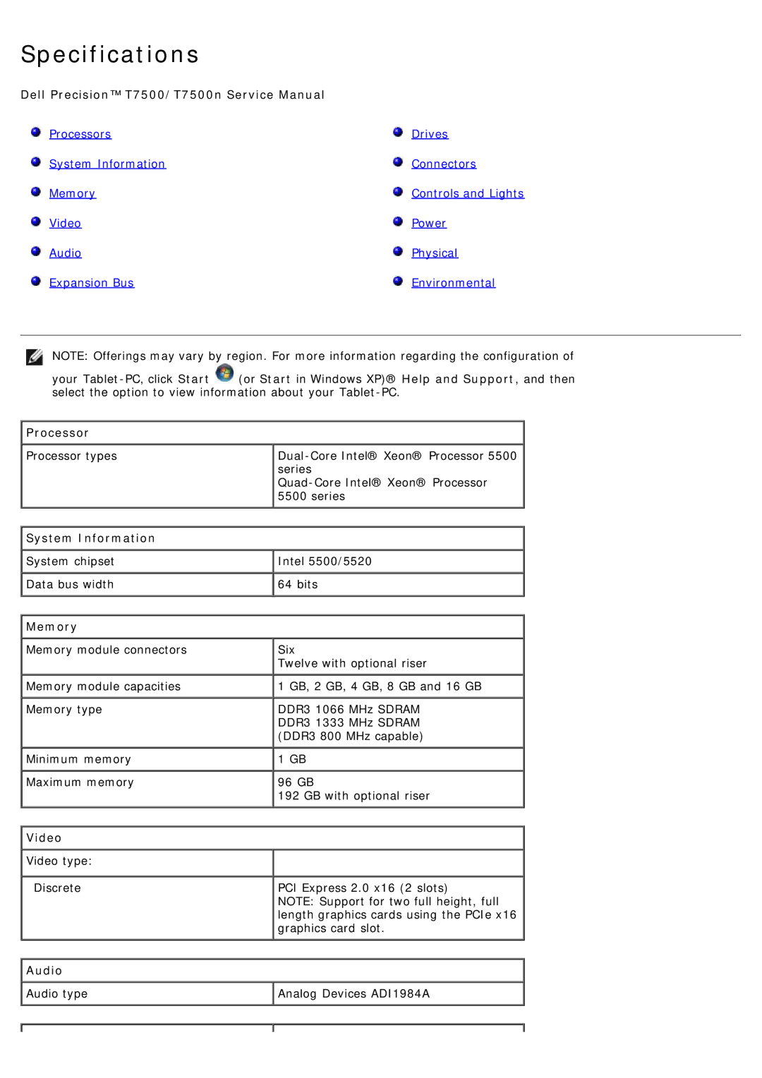 Dell T7500 service manual Processor, System Information, Memory, Video, Audio 