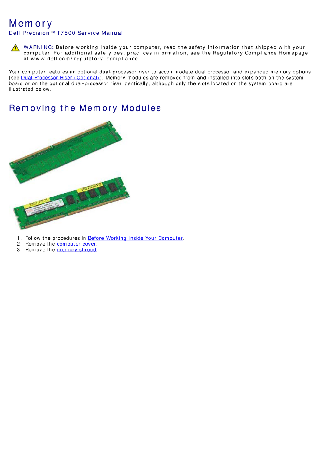 Dell T7500 service manual Removing the Memory Modules 