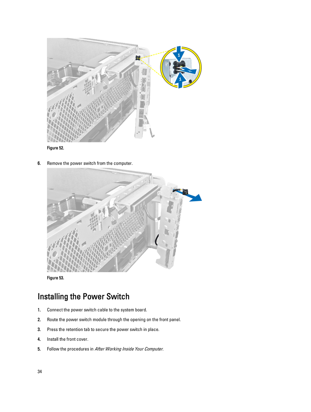 Dell T7600 owner manual Installing the Power Switch 