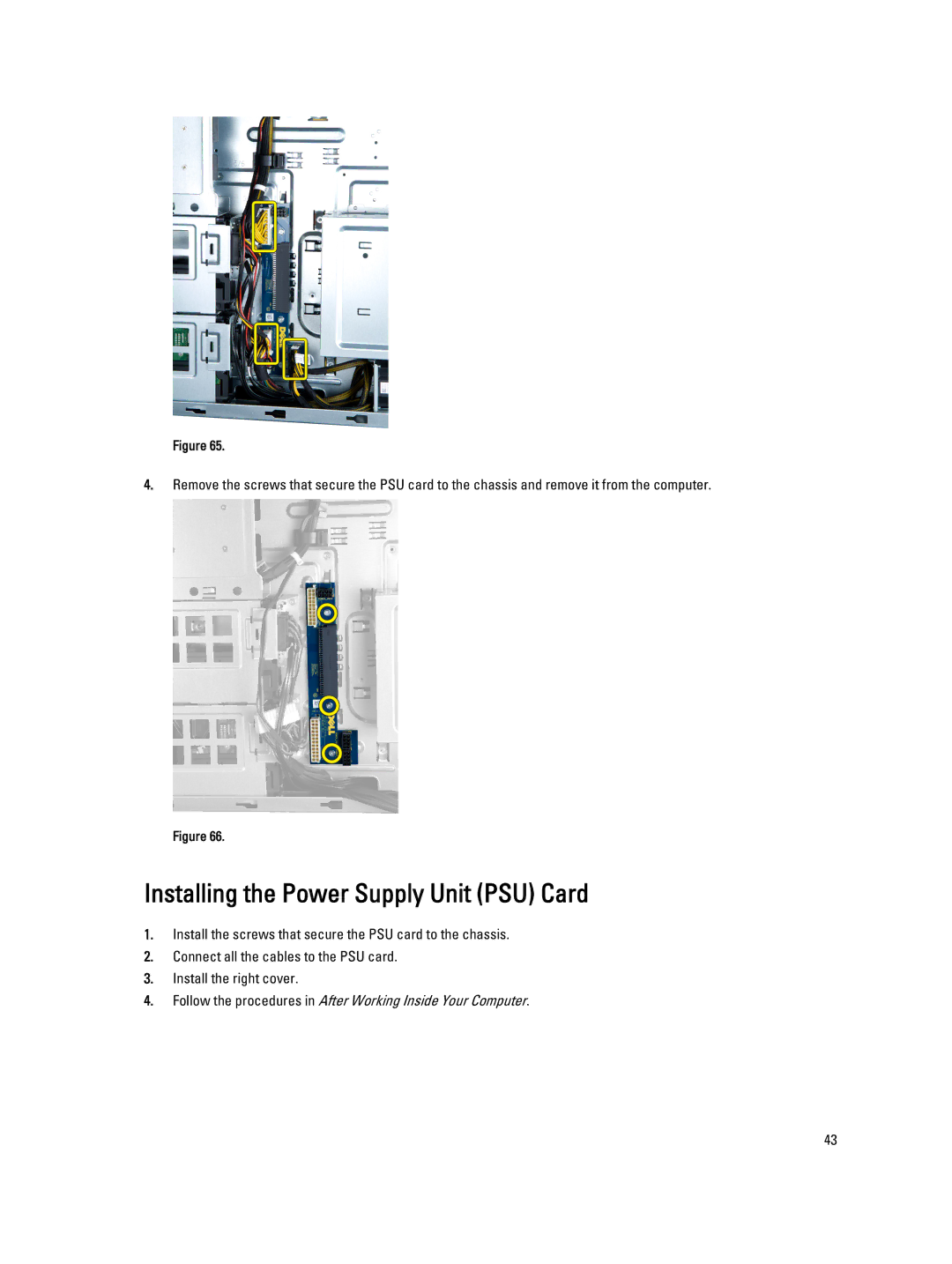 Dell T7600 owner manual Installing the Power Supply Unit PSU Card 