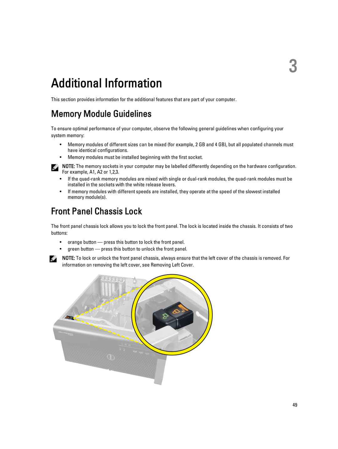 Dell T7600 owner manual Additional Information, Memory Module Guidelines, Front Panel Chassis Lock 