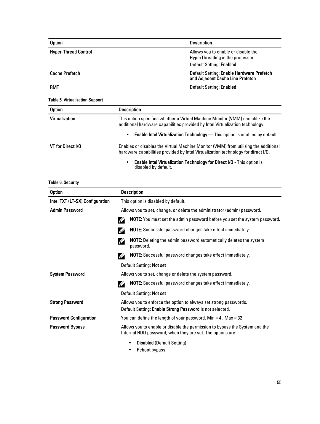 Dell T7600 owner manual Adjacent Cache Line Prefetch, Option Description Virtualization, VT for Direct I/O, Admin Password 