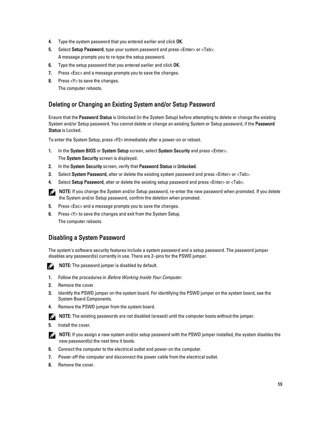 Dell T7600 owner manual Disabling a System Password 