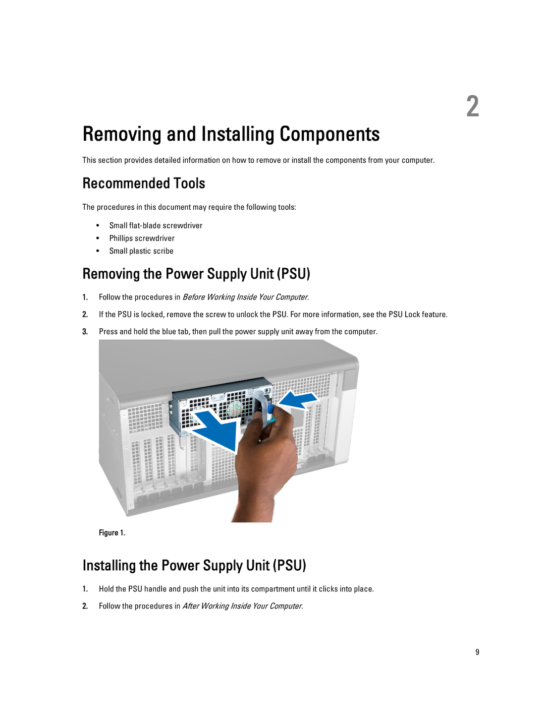 Dell T7600 owner manual Removing and Installing Components, Recommended Tools, Removing the Power Supply Unit PSU 