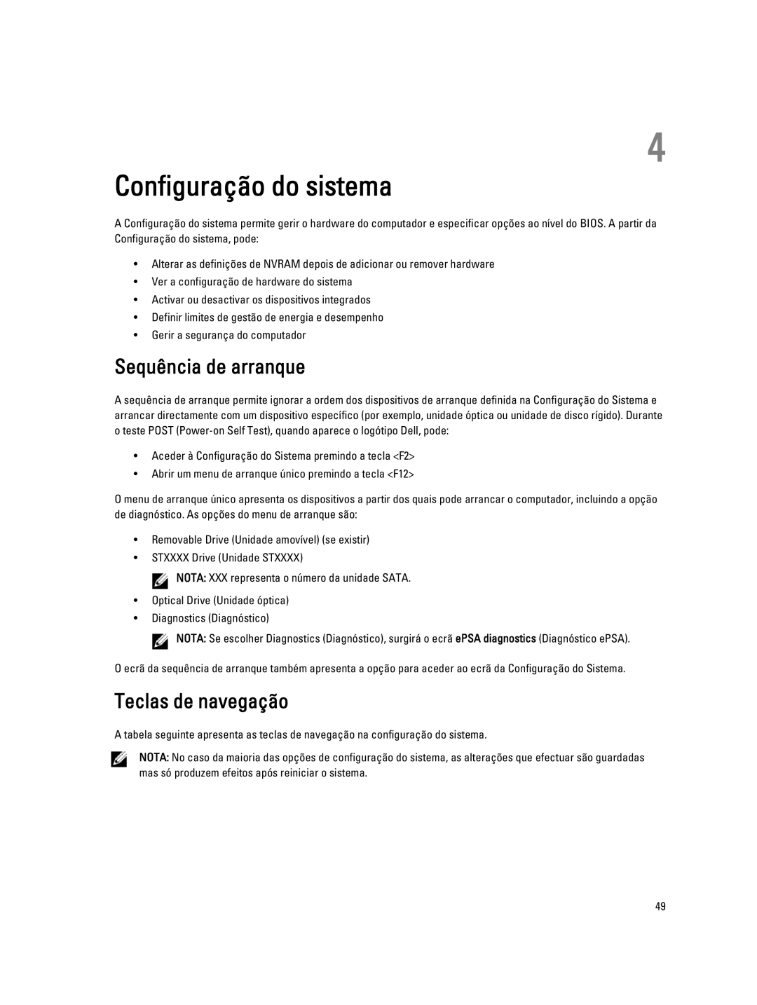 Dell T7600 manual Configuração do sistema, Sequência de arranque, Teclas de navegação 