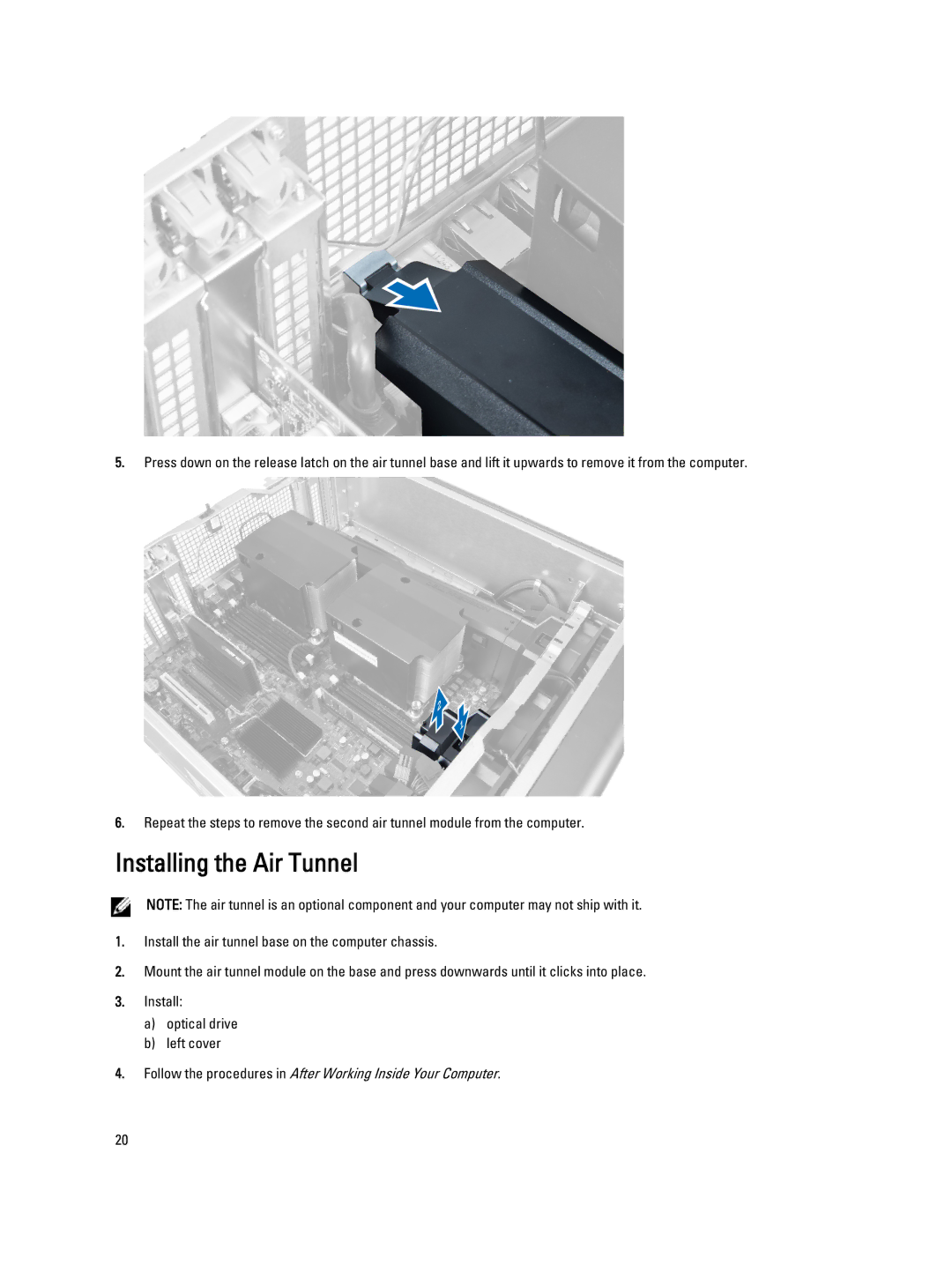 Dell T7600 owner manual Installing the Air Tunnel 