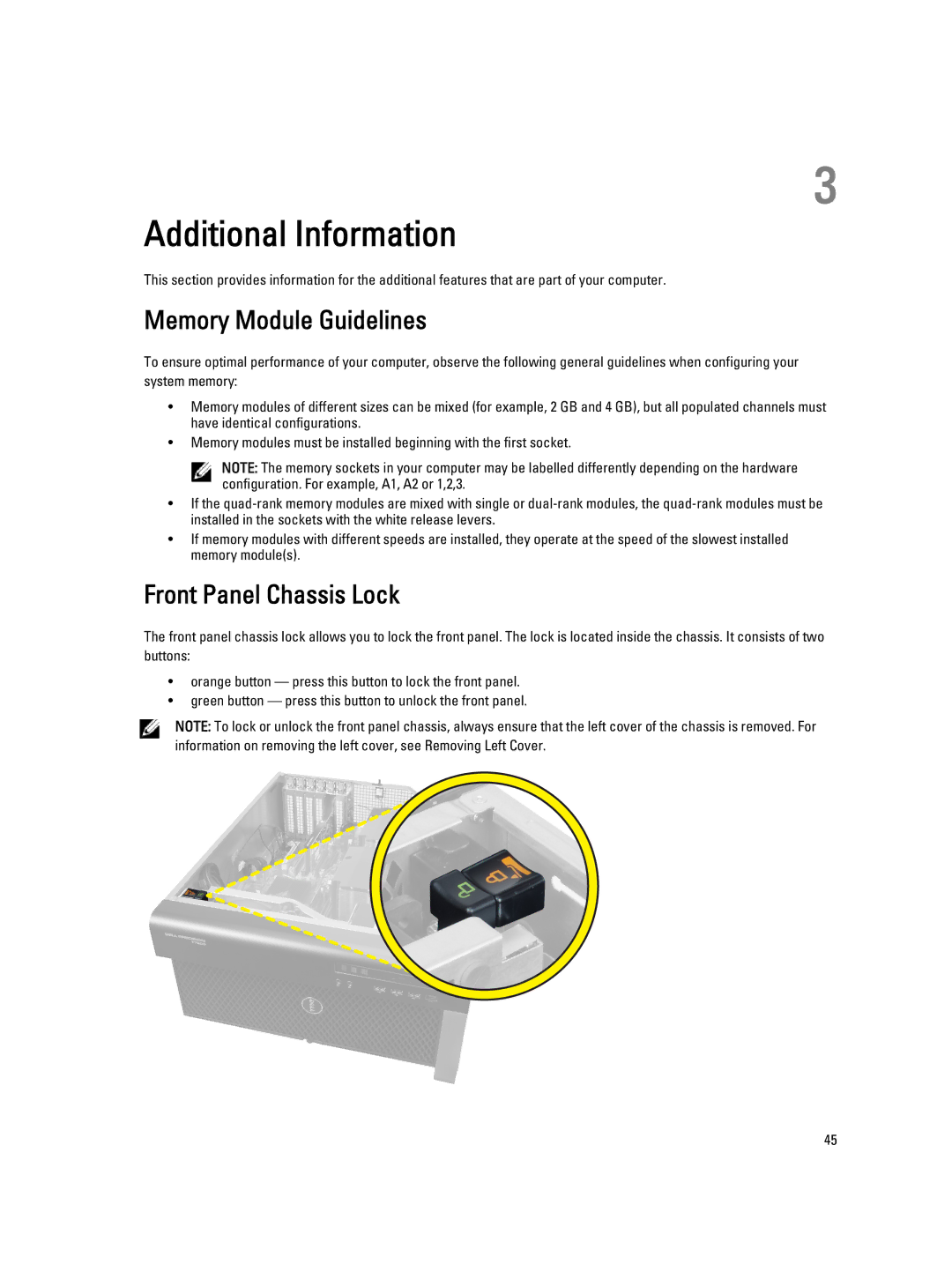 Dell T7600 owner manual Additional Information, Memory Module Guidelines, Front Panel Chassis Lock 