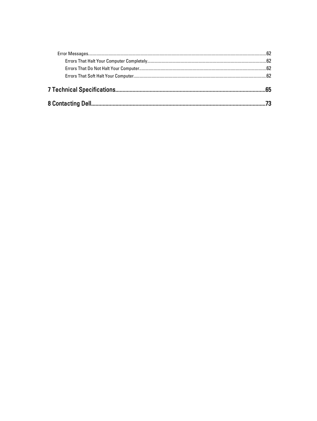 Dell T7600 owner manual Technical Specifications Contacting Dell 