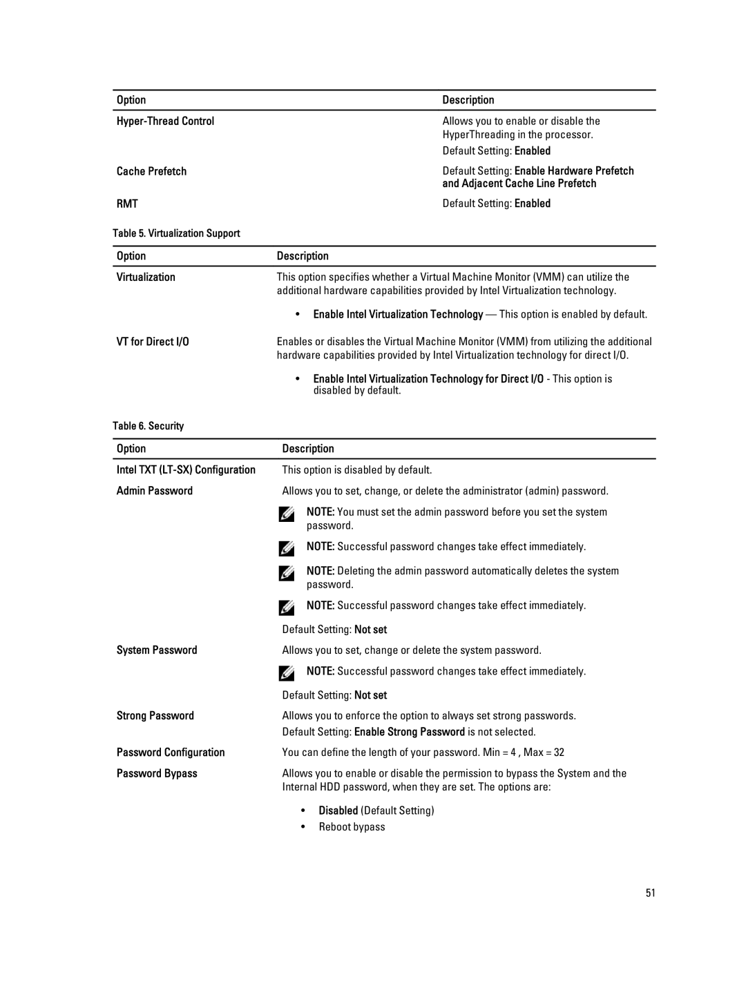 Dell T7600 owner manual Adjacent Cache Line Prefetch, Option Description Virtualization, VT for Direct I/O, Admin Password 