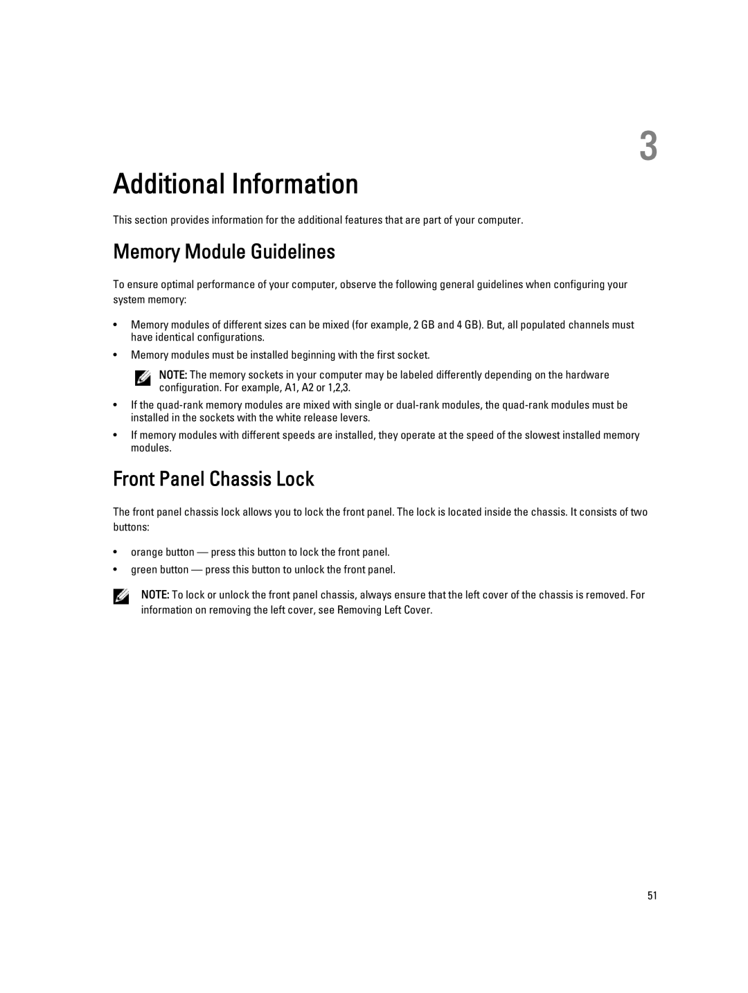 Dell T7610 owner manual Memory Module Guidelines, Front Panel Chassis Lock 