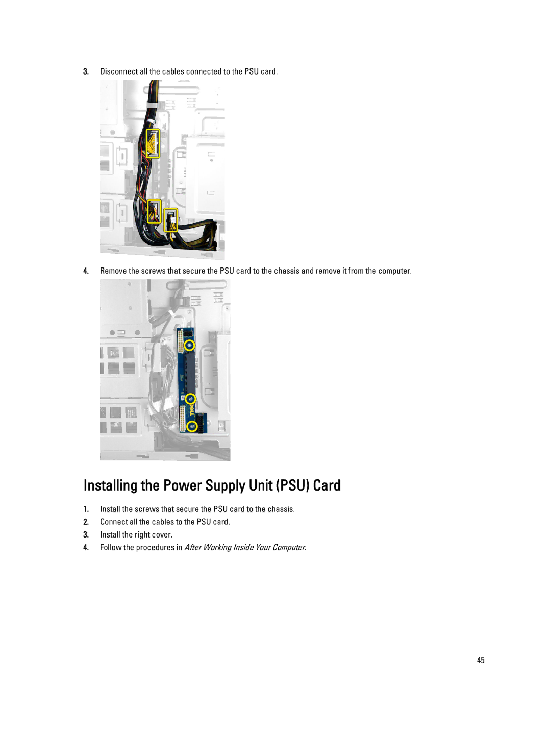 Dell T7610 owner manual Installing the Power Supply Unit PSU Card 