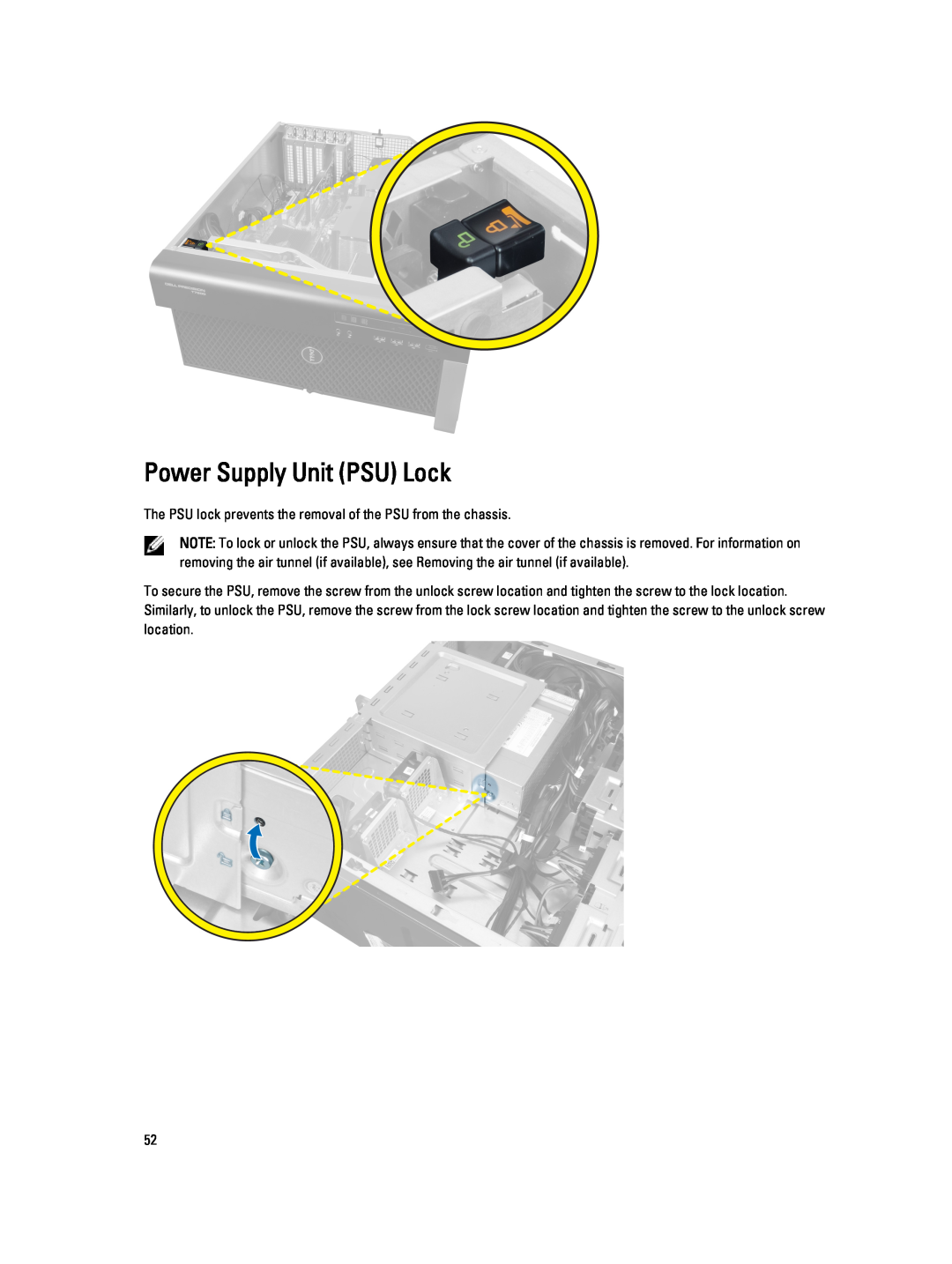 Dell T7610 owner manual Power Supply Unit PSU Lock 