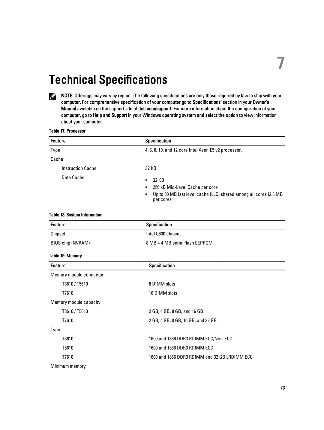 Dell T7610 owner manual Technical Specifications, Processor, System Information, Memory 