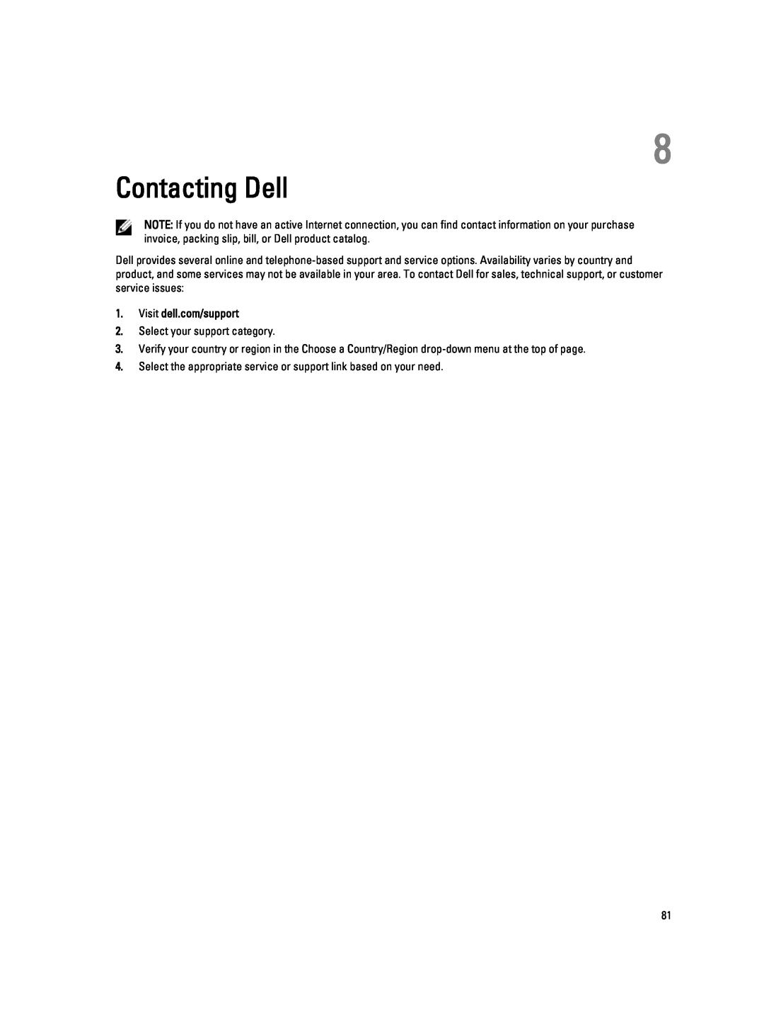 Dell T7610 owner manual Contacting Dell, Visit dell.com/support 