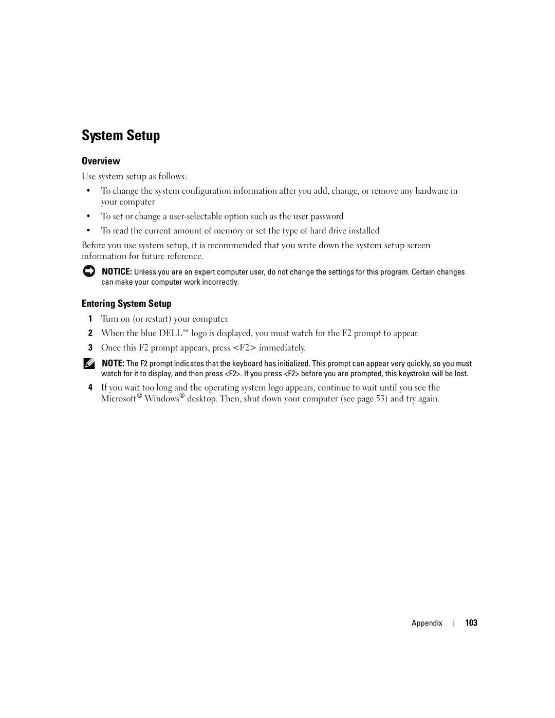 Dell T8144 manual Overview, Entering System Setup, 103 