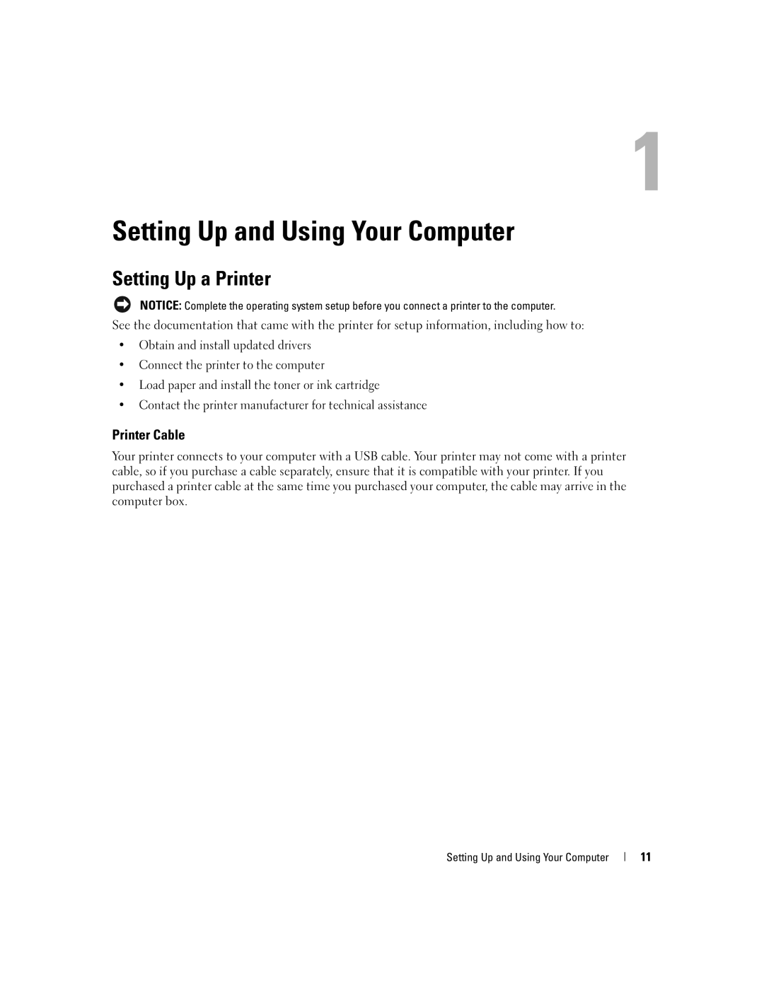 Dell T8144 manual Setting Up a Printer, Printer Cable, Setting Up and Using Your Computer 