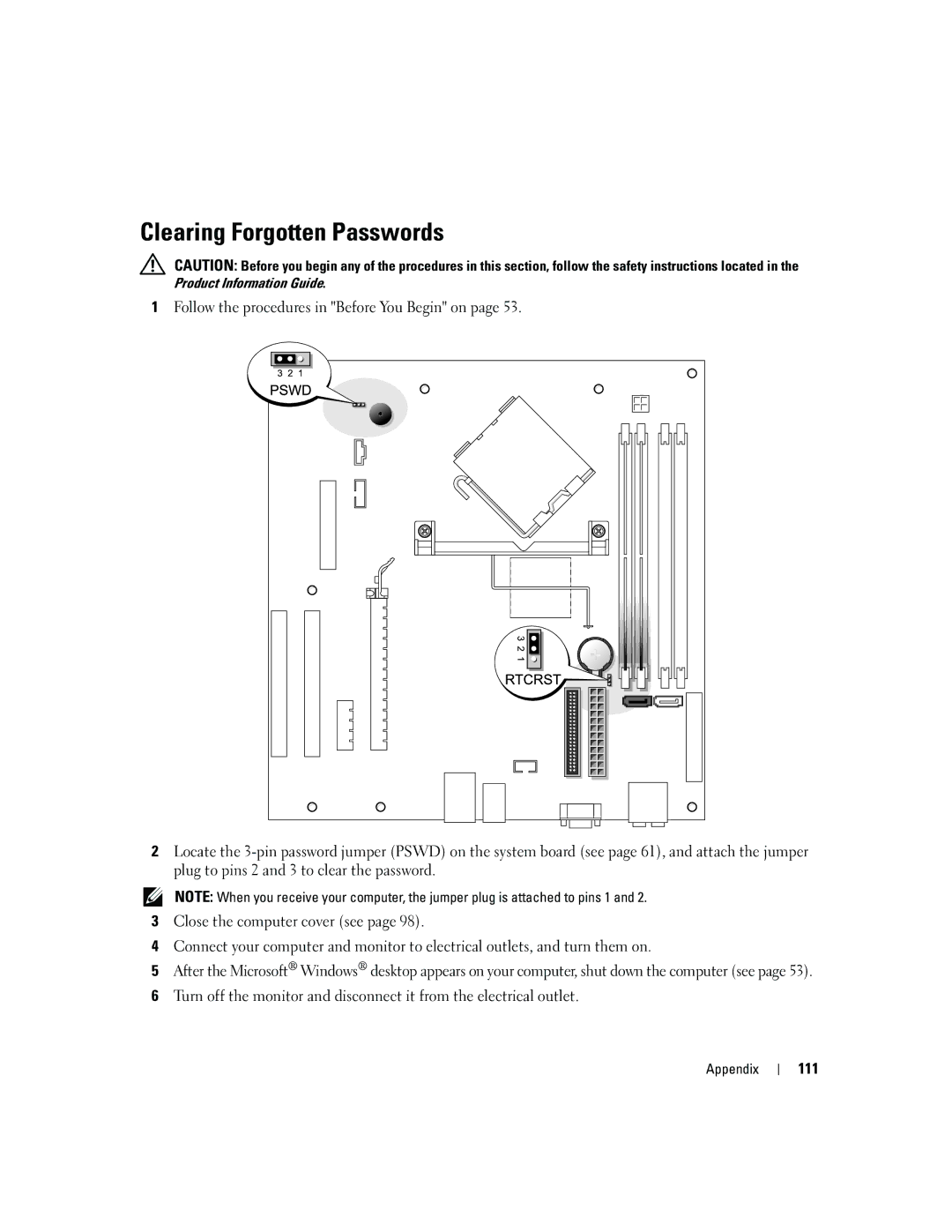 Dell T8144 manual Clearing Forgotten Passwords, 111 