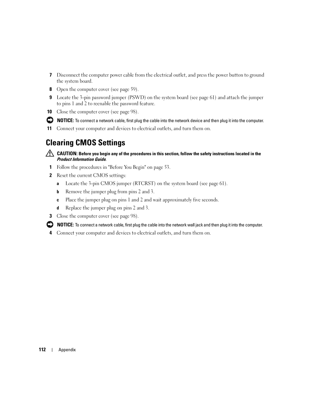 Dell T8144 manual Clearing Cmos Settings 