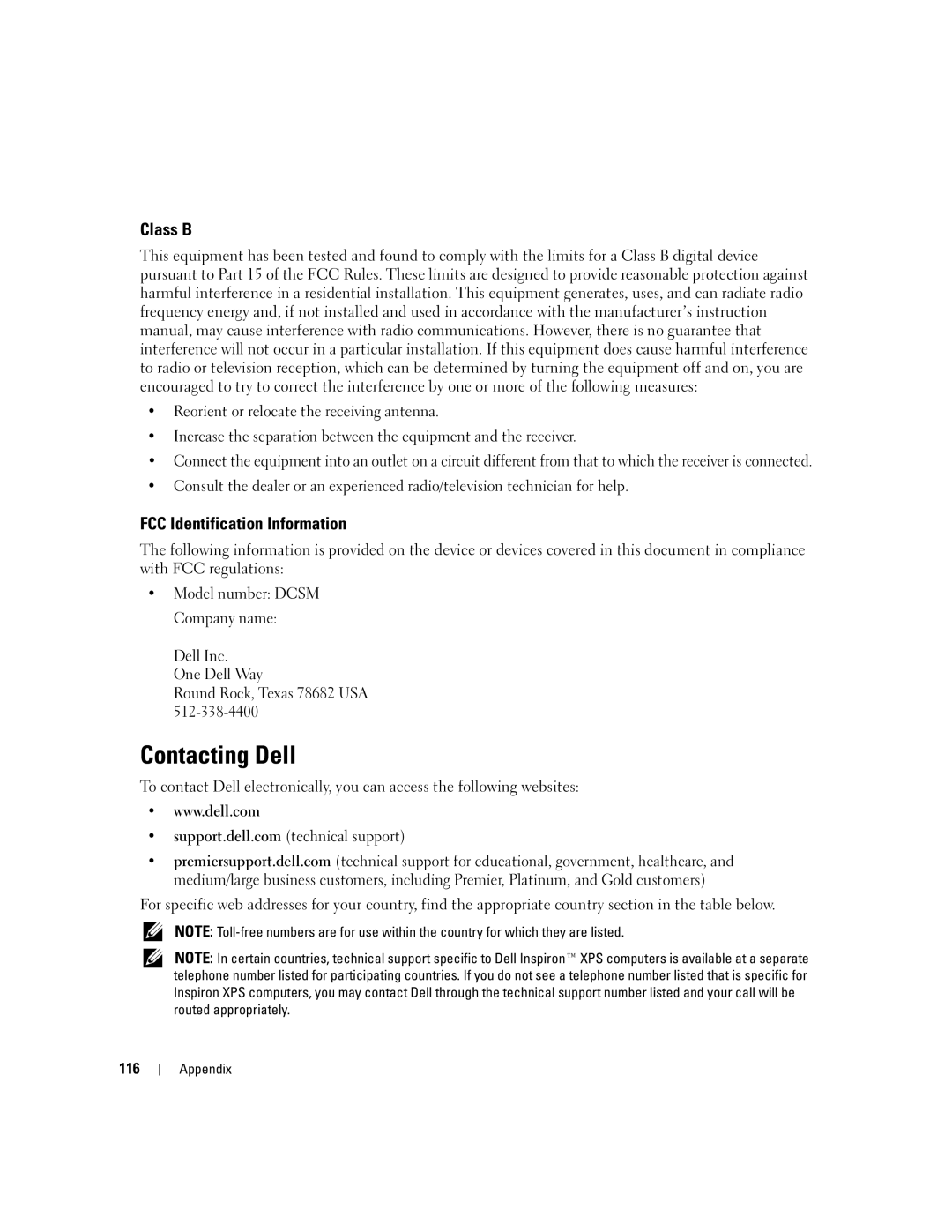 Dell T8144 manual Contacting Dell, Class B, FCC Identification Information 