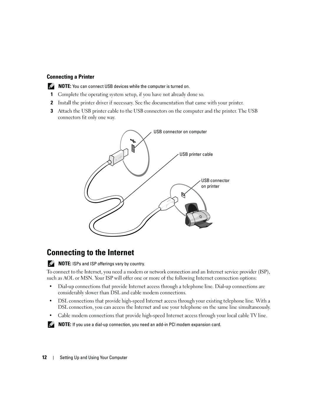 Dell T8144 manual Connecting to the Internet, Connecting a Printer, USB connector on computer USB printer cable 