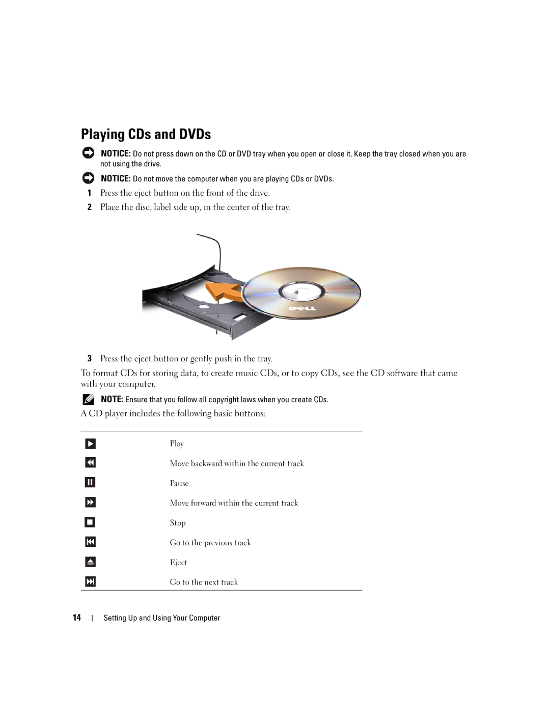 Dell T8144 manual Playing CDs and DVDs 