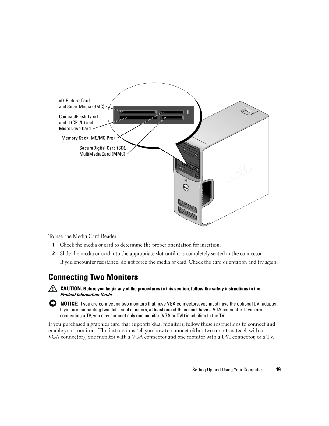 Dell T8144 manual Connecting Two Monitors, XD-Picture Card, Ii Cf I/Ii, MicroDrive Card 