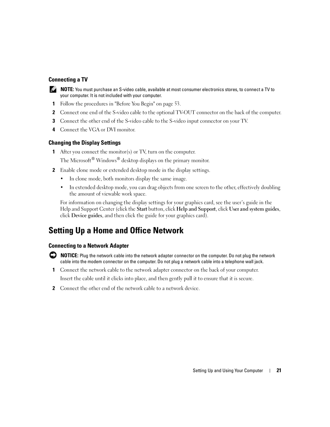 Dell T8144 manual Setting Up a Home and Office Network, Connecting a TV, Changing the Display Settings 