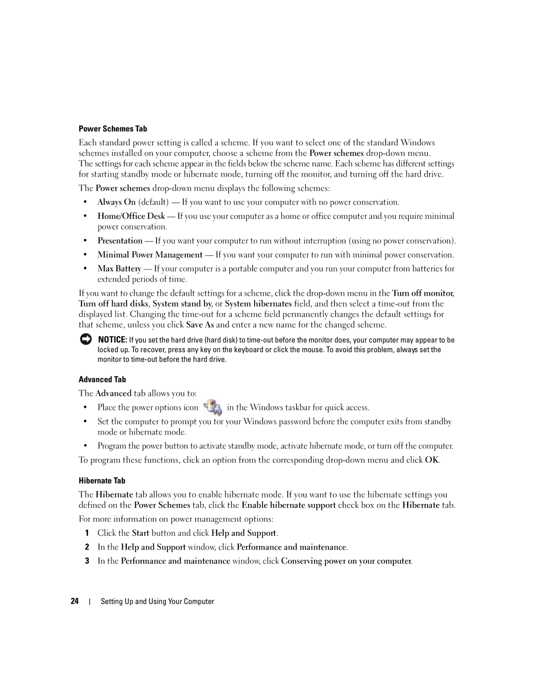 Dell T8144 manual Power Schemes Tab 