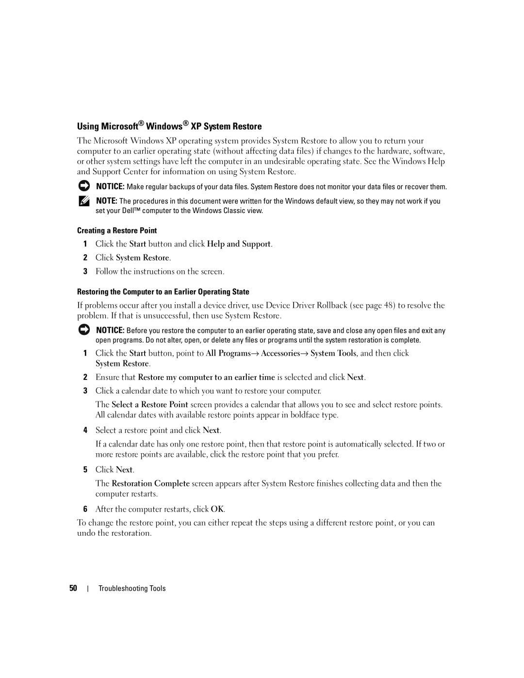 Dell T8144 manual Using Microsoft Windows XP System Restore 