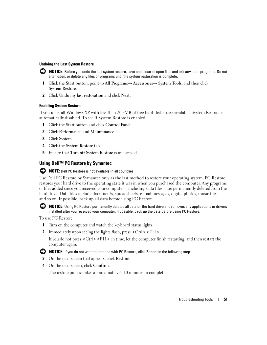Dell T8144 manual Using Dell PC Restore by Symantec, Undoing the Last System Restore, Click System 