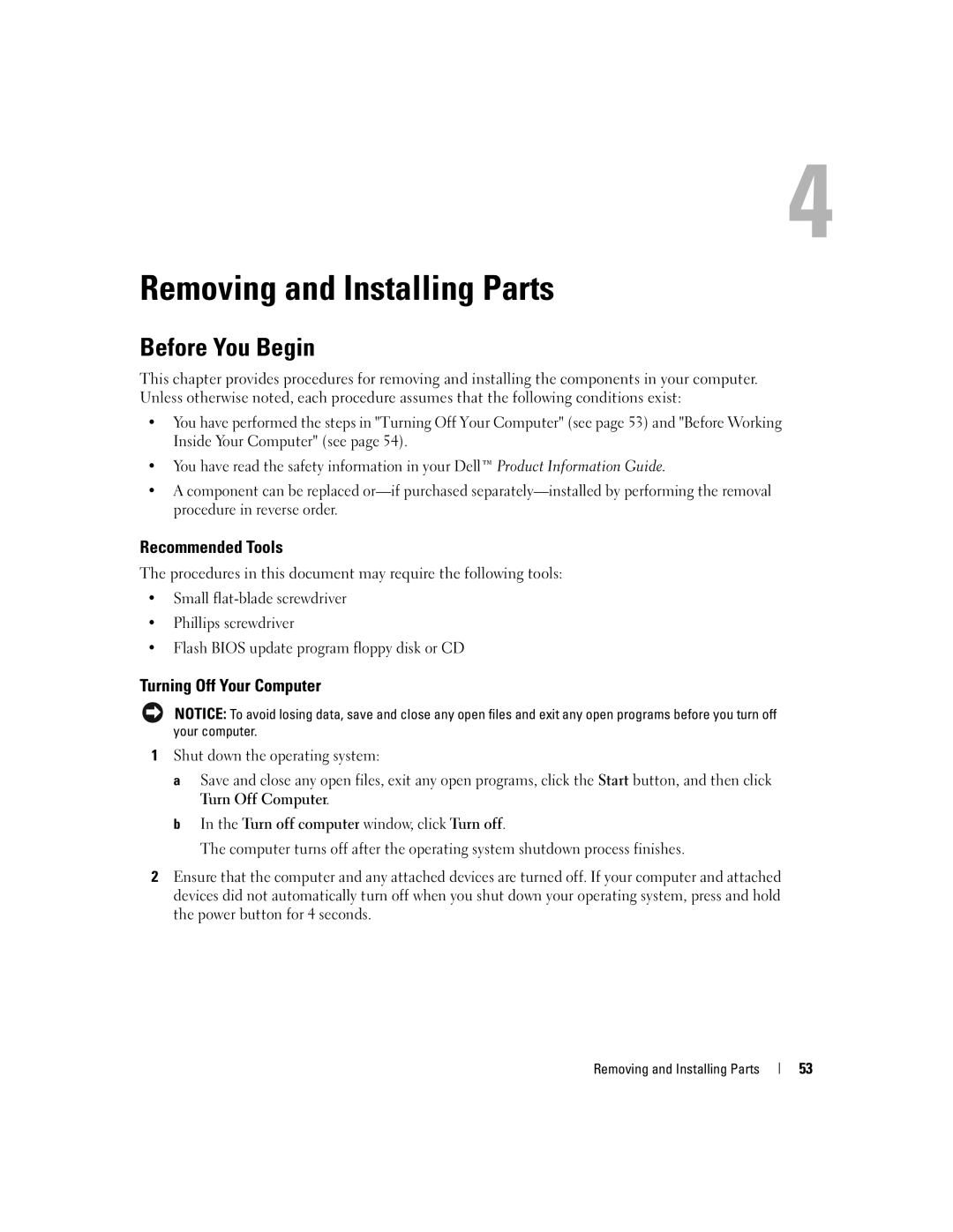 Dell T8144 manual Before You Begin, Recommended Tools, Turning Off Your Computer, Removing and Installing Parts 