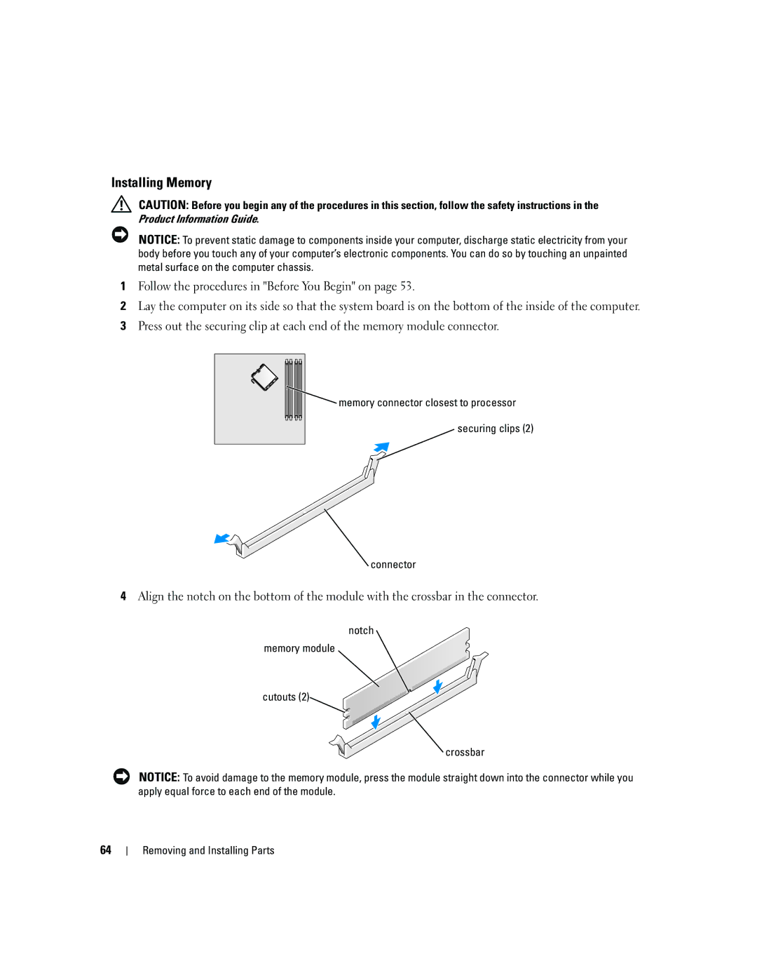 Dell T8144 manual Installing Memory 