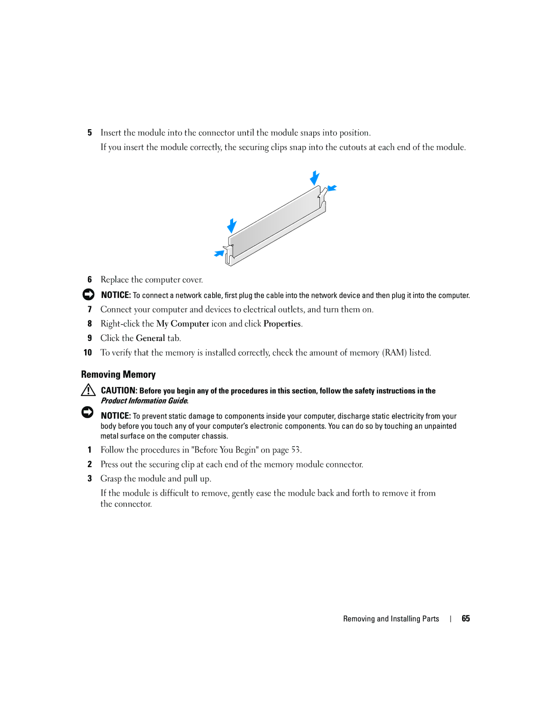 Dell T8144 manual Removing Memory 