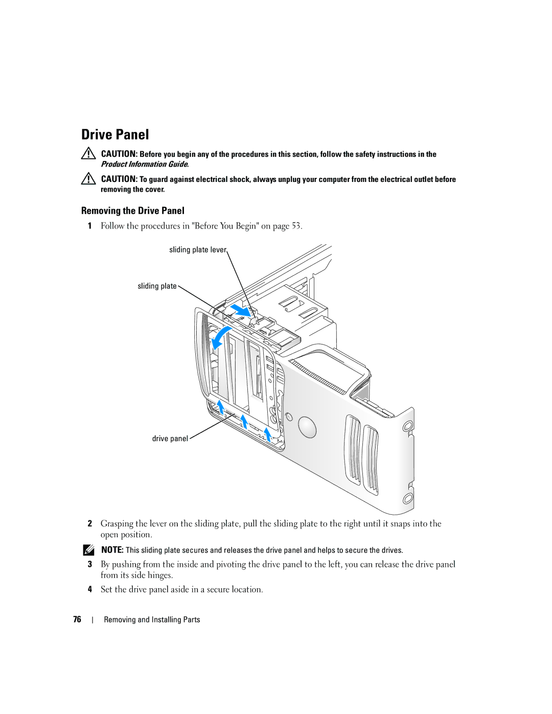 Dell T8144 manual Removing the Drive Panel, Sliding plate lever Drive panel 