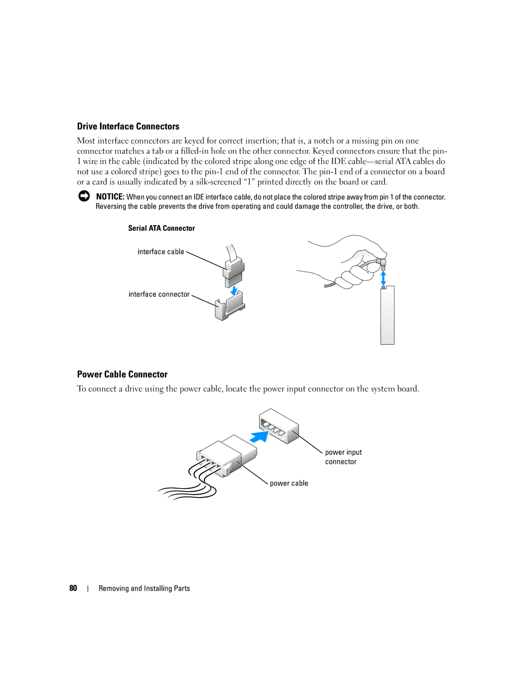 Dell T8144 manual Drive Interface Connectors, Power Cable Connector, Power cable Removing and Installing Parts 