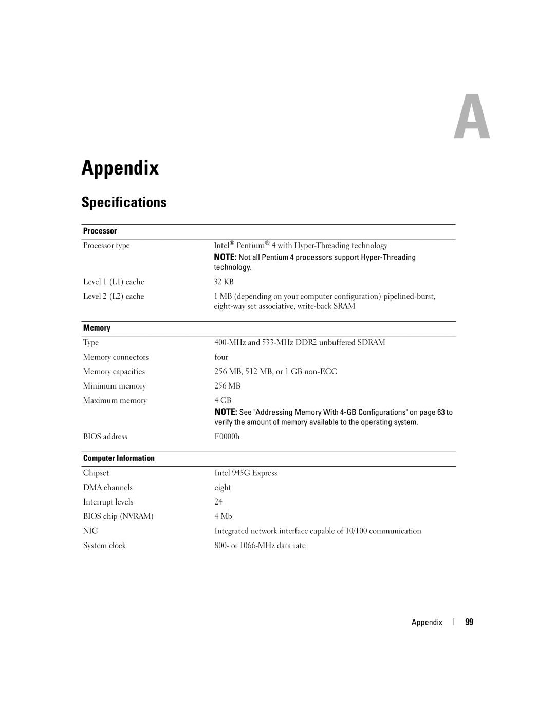 Dell T8144 manual Specifications, Eight-way set associative, write-back Sram, System clock Or 1066-MHz data rate Appendix 