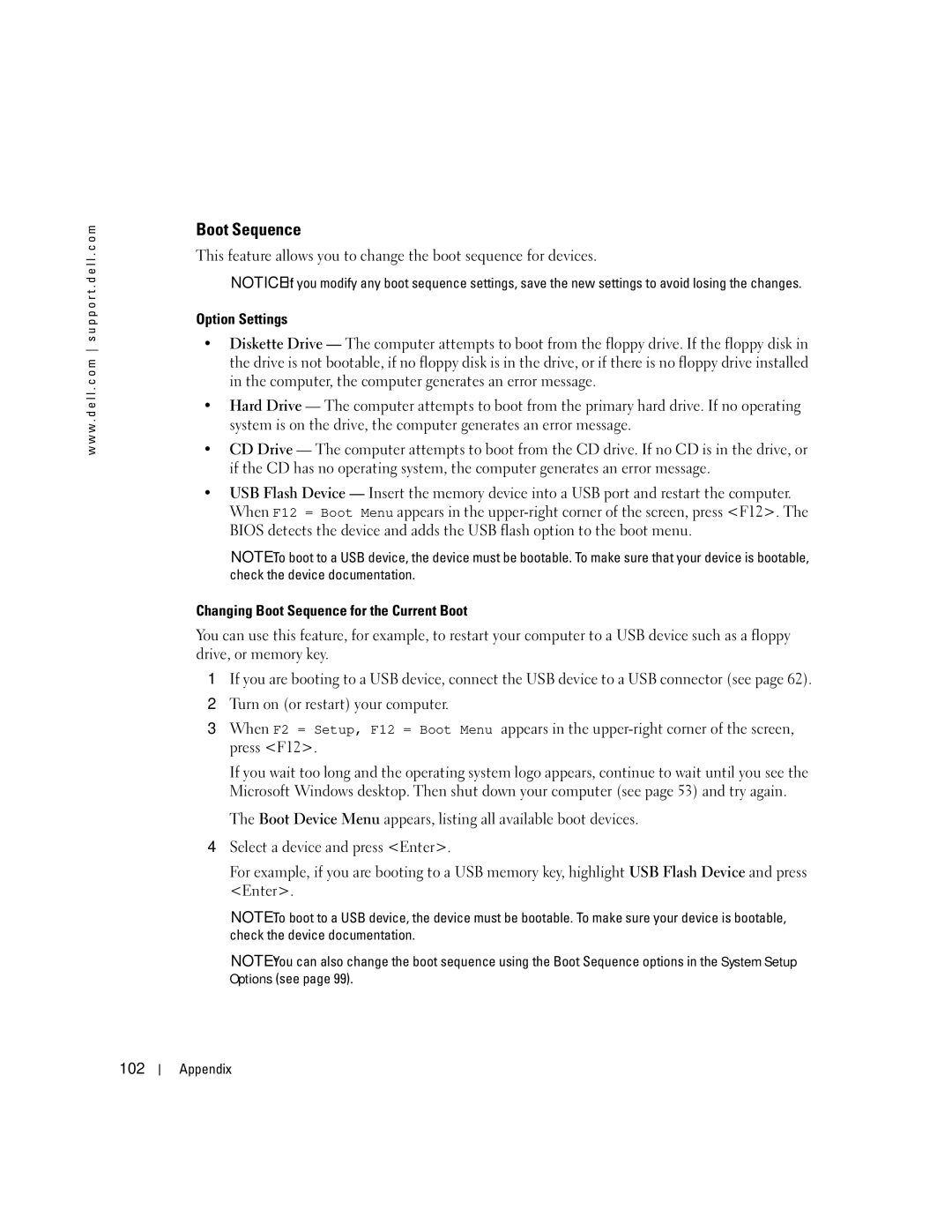 Dell T8243, DHP manual Option Settings, Changing Boot Sequence for the Current Boot, 102 