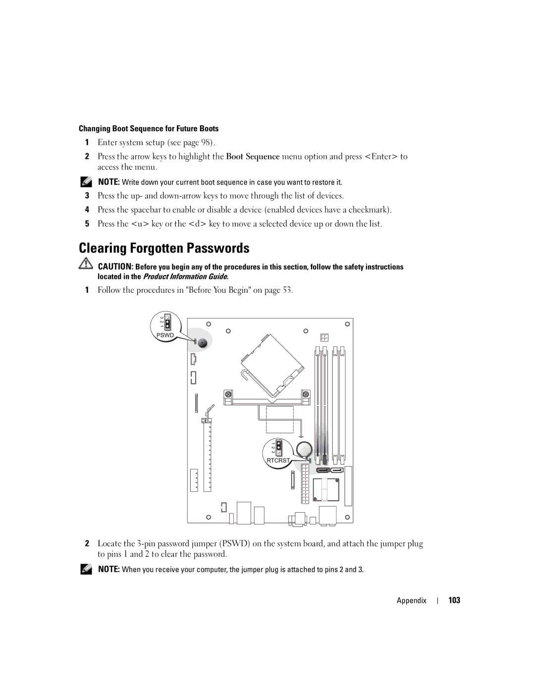 Dell DHP, T8243 manual Clearing Forgotten Passwords, Changing Boot Sequence for Future Boots, 103 