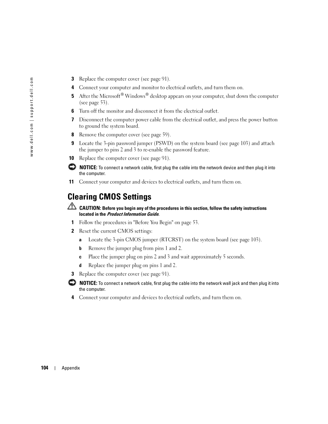 Dell T8243, DHP manual Clearing Cmos Settings, 104 