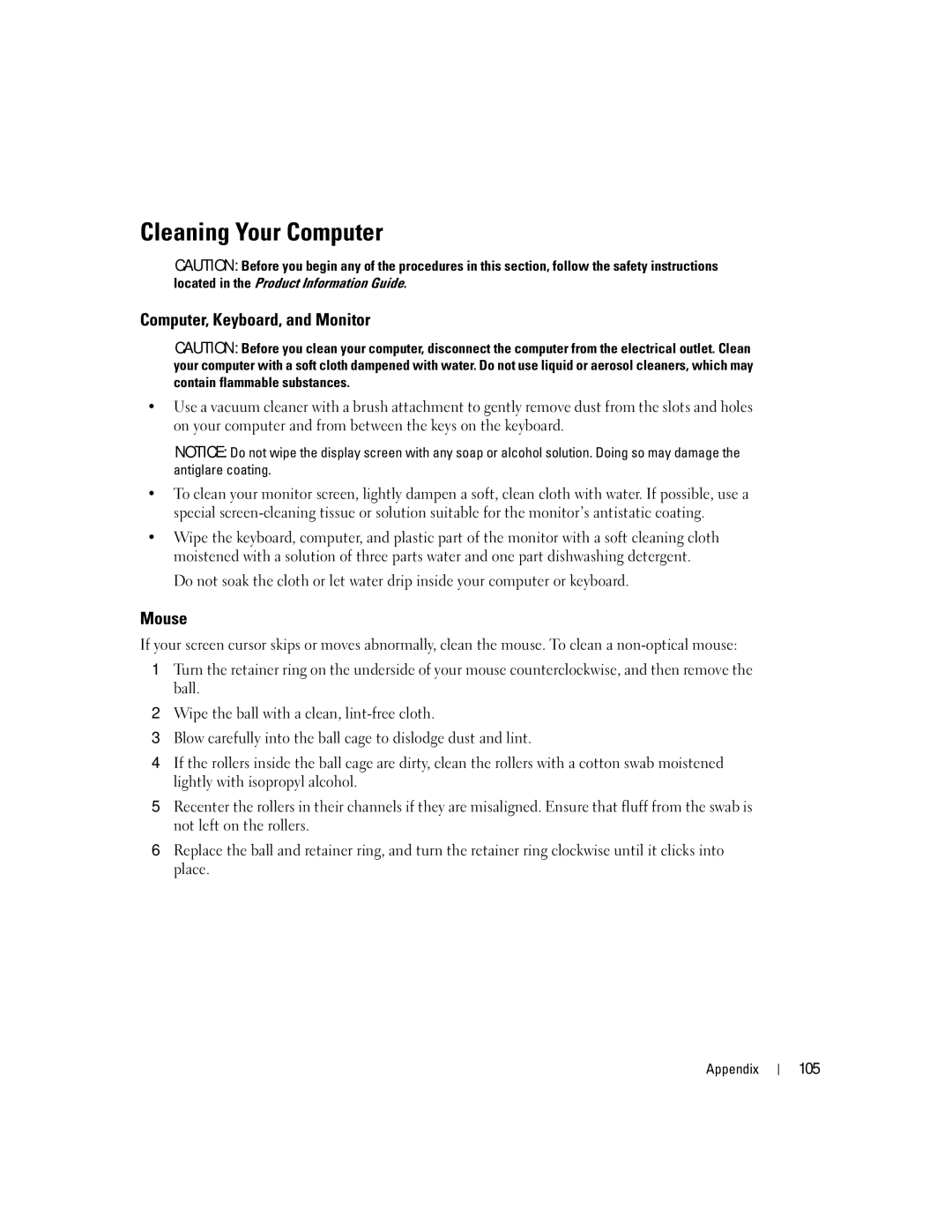 Dell DHP, T8243 manual Cleaning Your Computer, Computer, Keyboard, and Monitor, Mouse, 105 