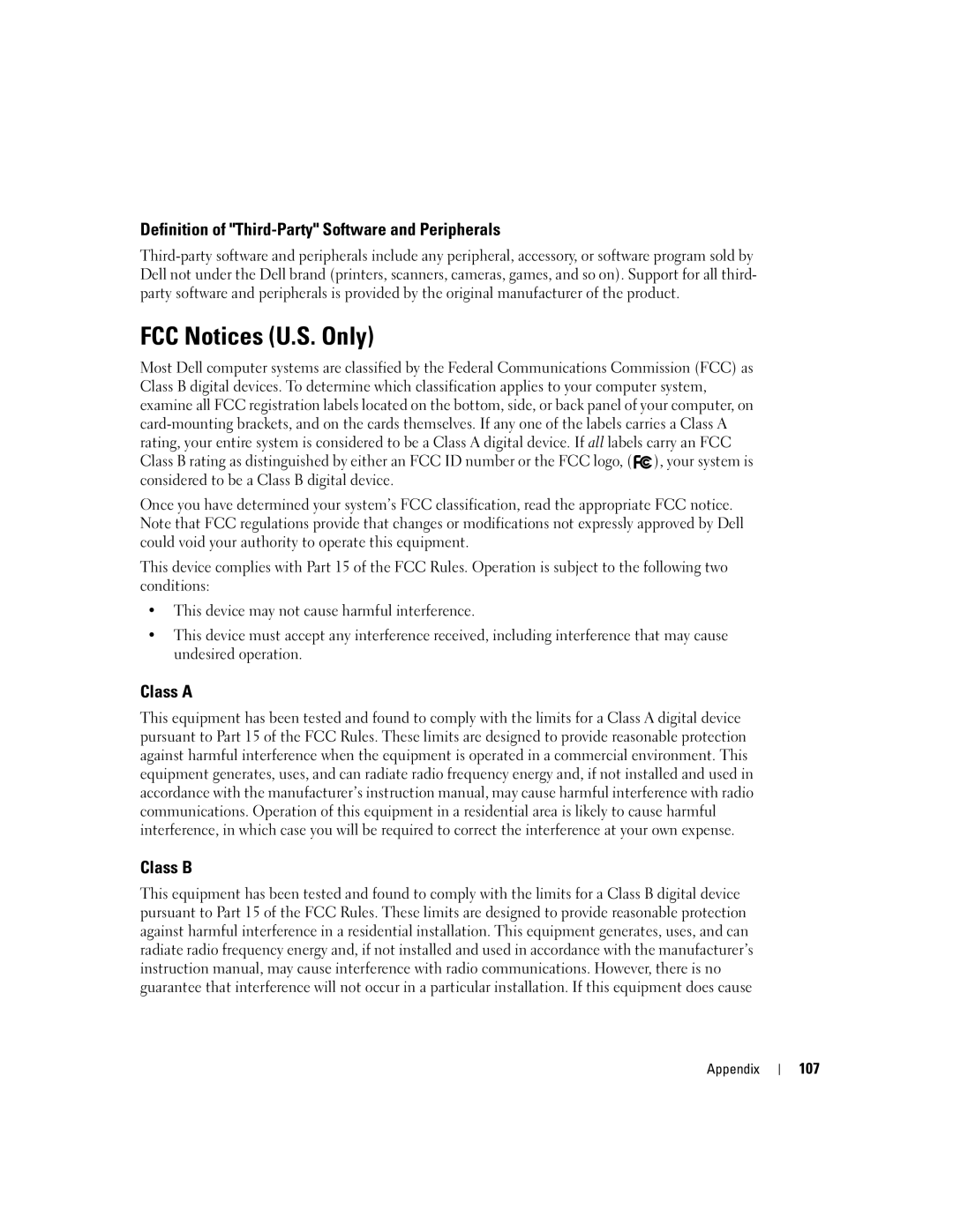 Dell DHP, T8243 manual FCC Notices U.S. Only, Definition of Third-Party Software and Peripherals, Class a Class B, 107 